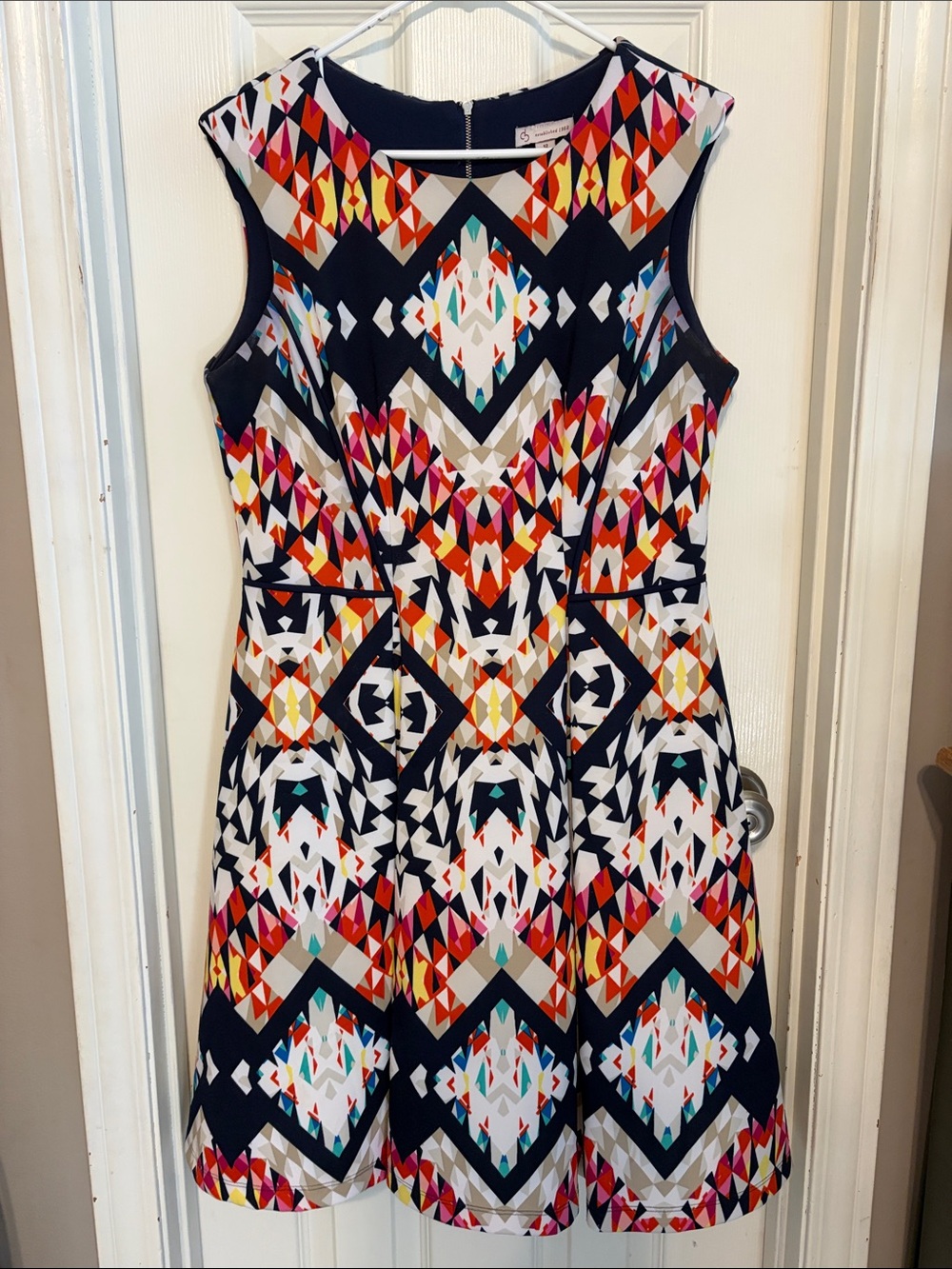 dressbarn Navy Multicolor Geometric Fit-and-Flare Dress
